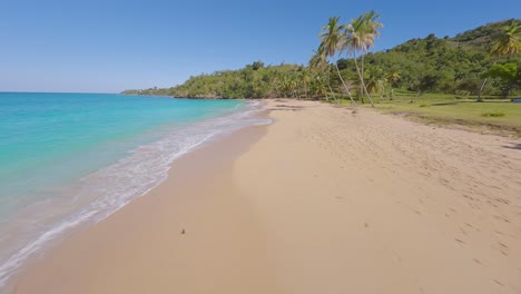 Aerial-flyover-sandy-beach-with-Caribbean-sea-and-tropical-palm-trees-at-sunny-day