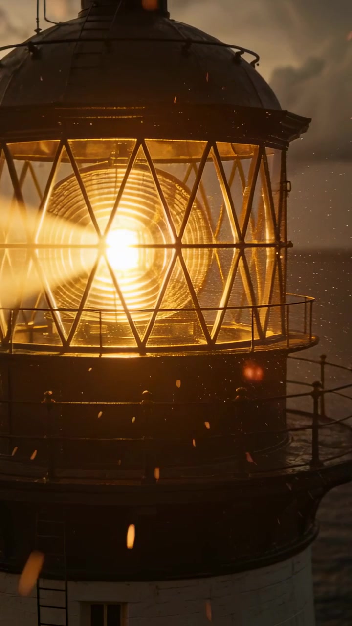 Video verticale: Una lampada pulsante che ruota, proiettando un fascio di luce sull'orizzonte marino, con una lente di Fresnel che illumina i frammenti.