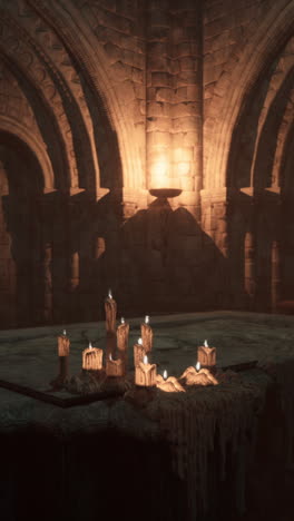 el interior iluminado por velas de una antigua habitación de piedra