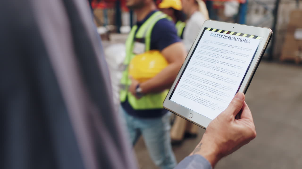 Reading Safety Precautions on a Tablet in a Warehouse