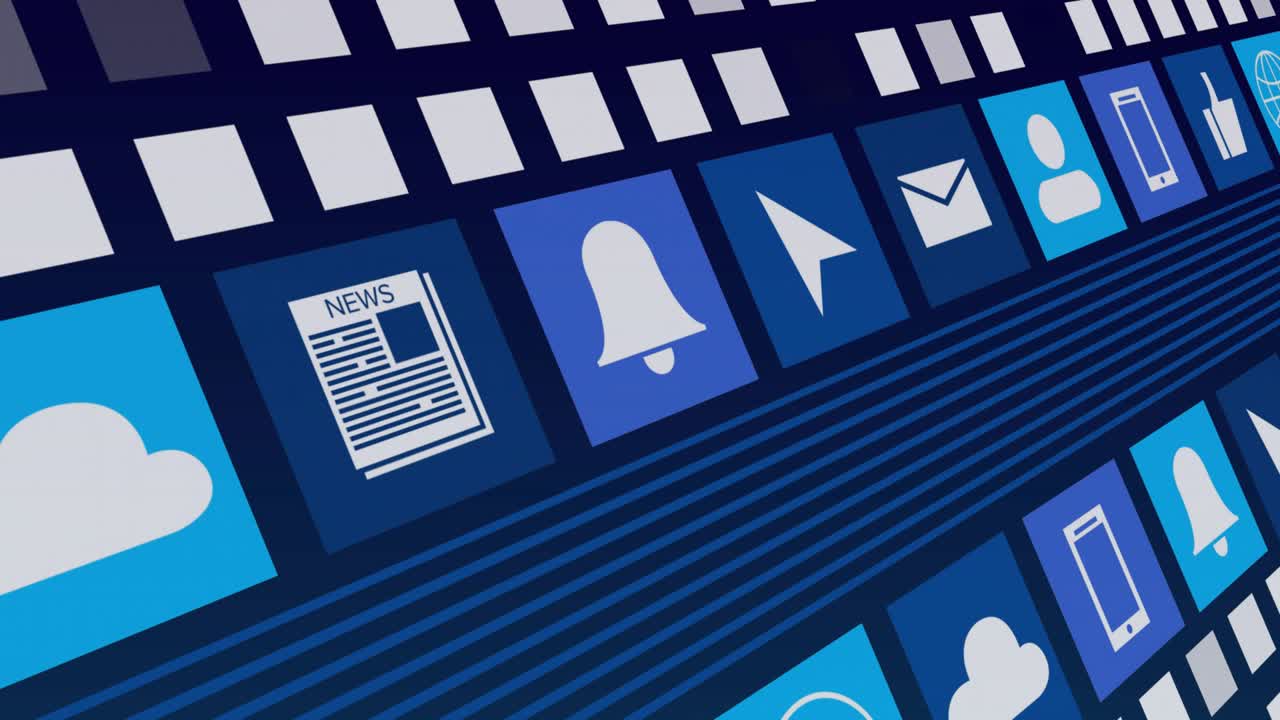 Data pulse sending diagonal blue icon tiles sliding, rotating, camera panning, showing data flow