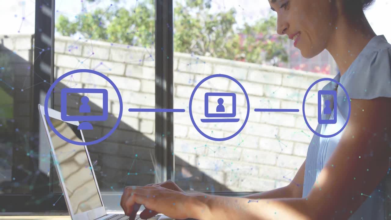 Woman typing on laptop causing blue network icons to appear illustrating technology connectivity