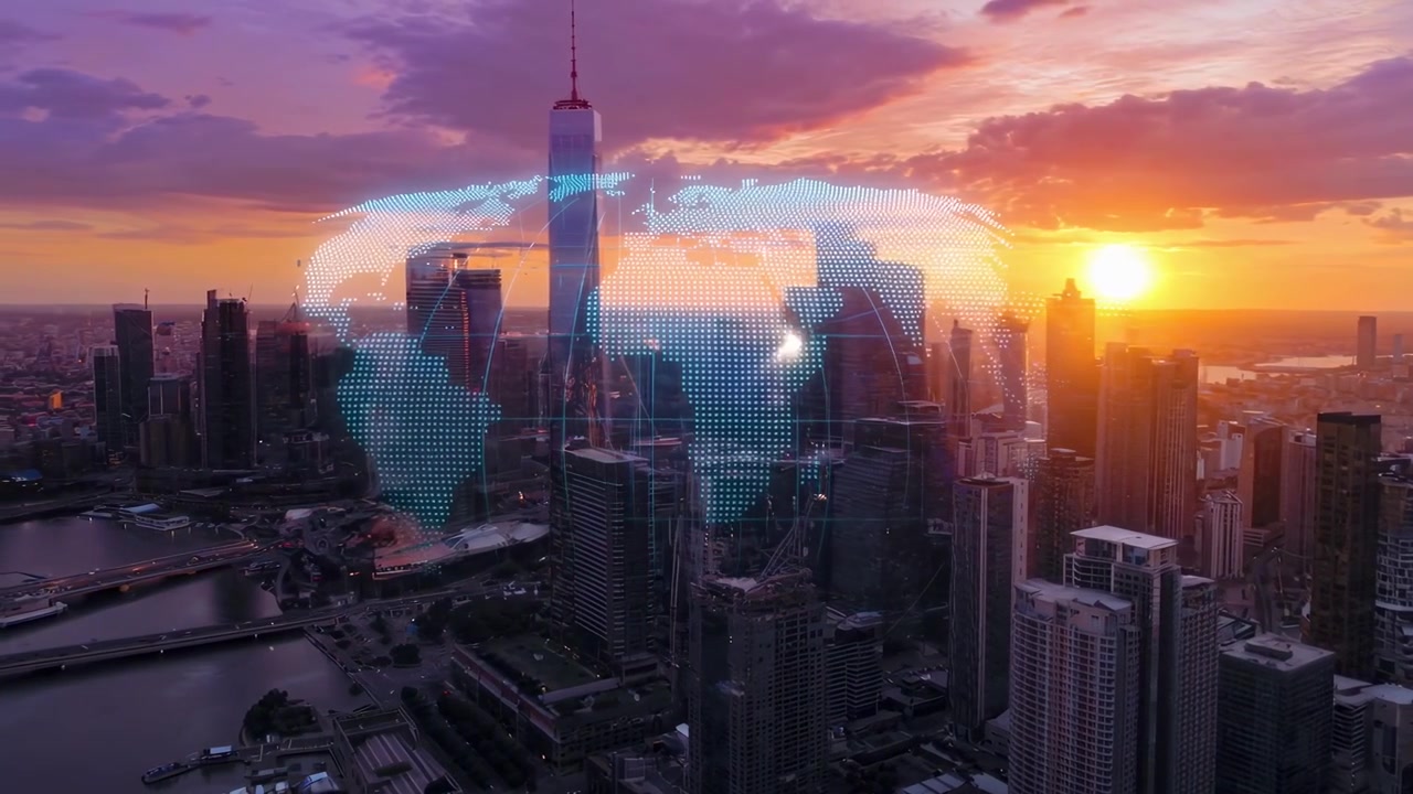 Aerial View of City Skyline with Digital Global Network at Sunset