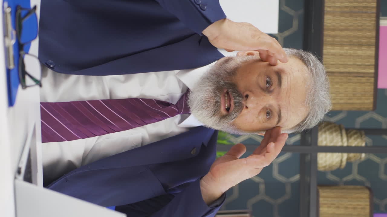 Vertical video of Old businessman suffering from migraine.