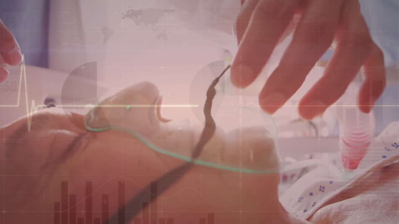 산소 마스크를 착용한 백인 여성 환자에 대한 데이터 처리의 애니메이션