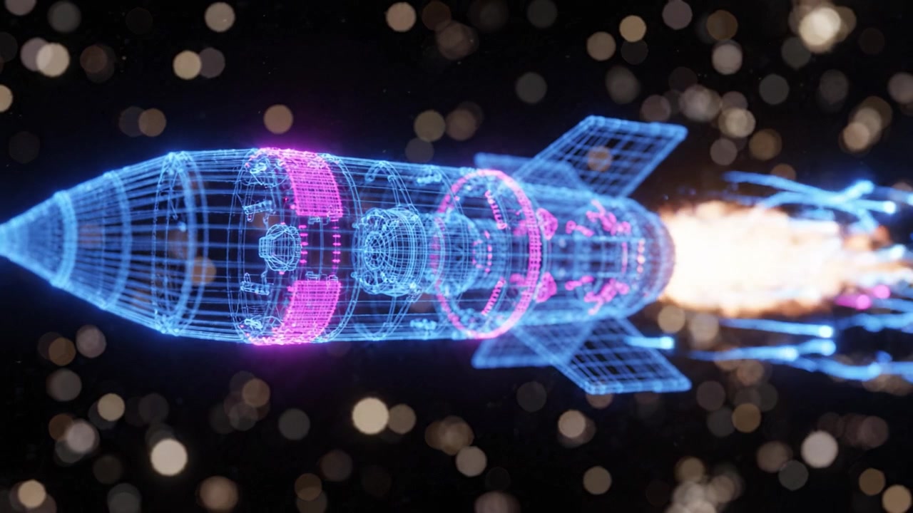 Dynamic Representation of a Futuristic Rocket in Cinematic Space Setting with Vibrant Holographic Elements and Glowing Particle Effects