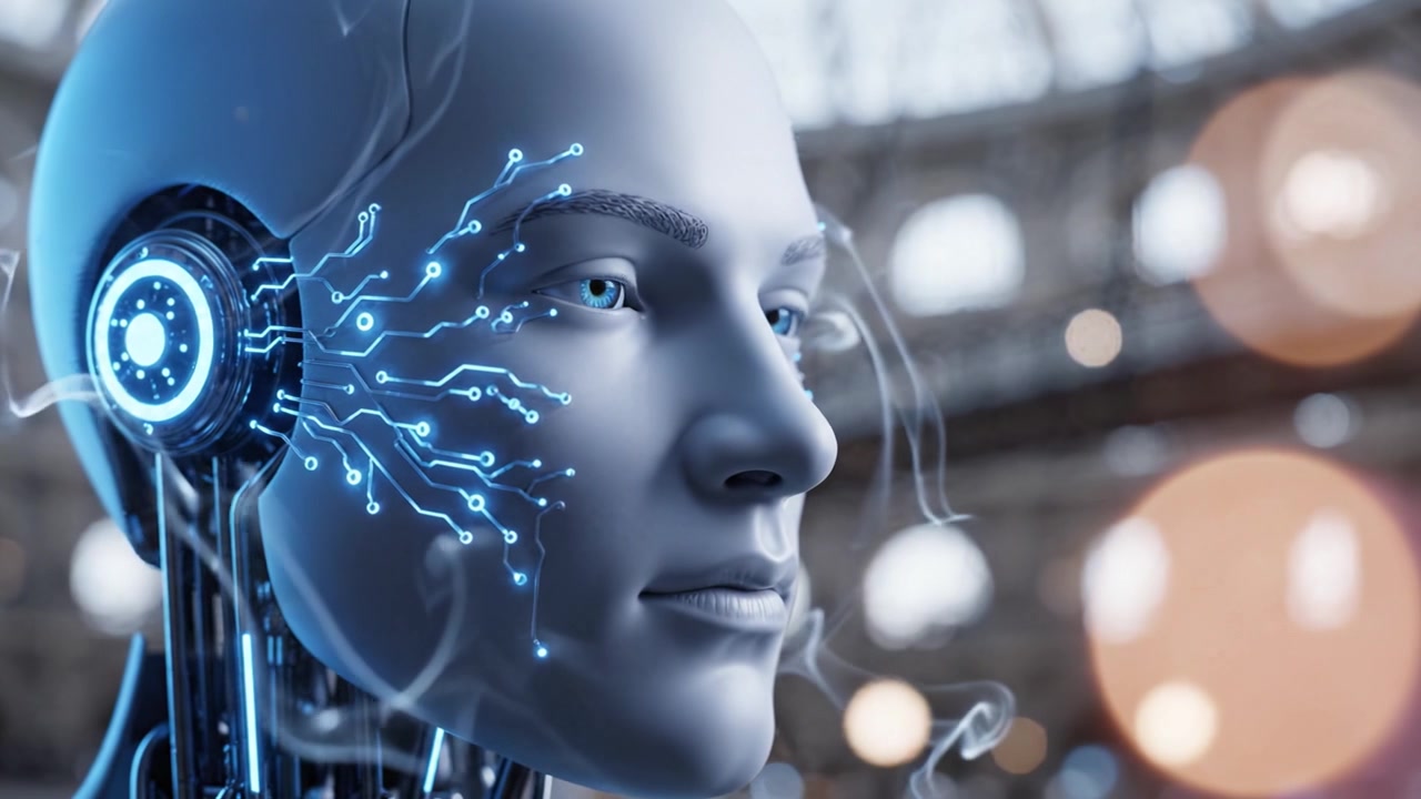 Futuristic Robot Close-Up with Digital Circuitry and LED Lights, Showcasing Advanced AI Technology and Human-Like Features in a Cybernetic Environment