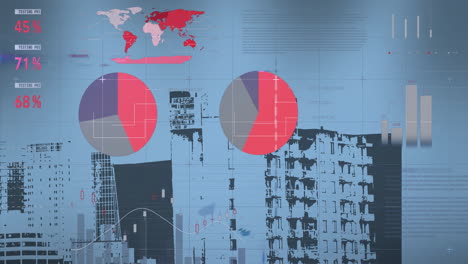 animación del procesamiento de datos financieros sobre el paisaje urbano