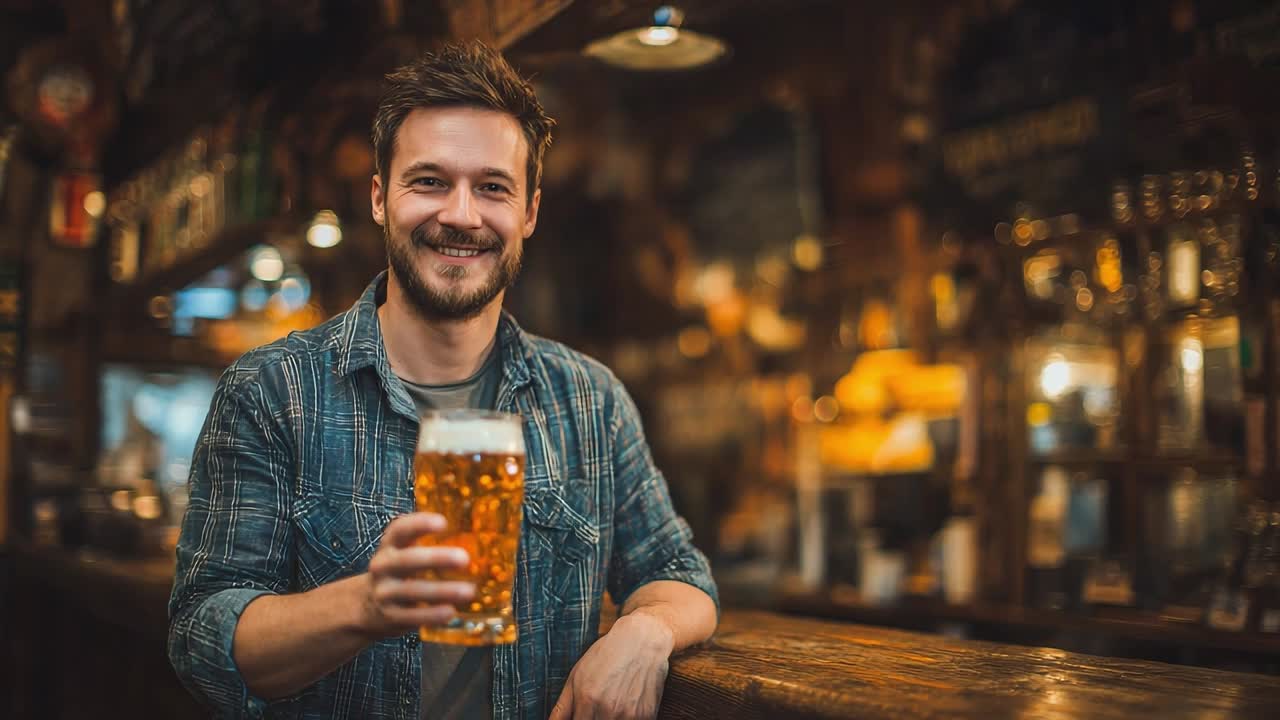 Young man enjoys a cold beer in a cozy pub in the evening