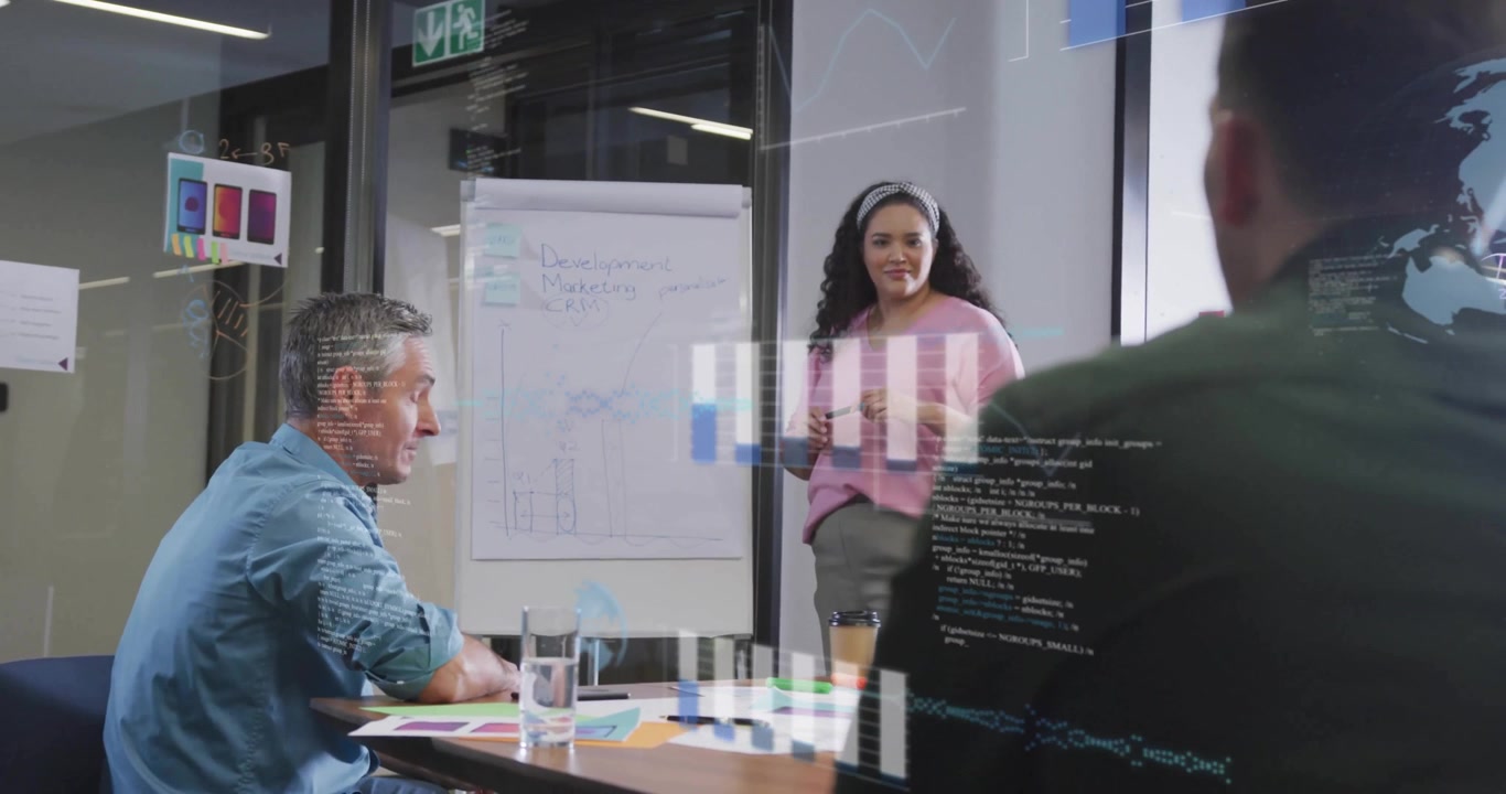 Business Team Collaborating in Modern Office with Digital Data Overlays