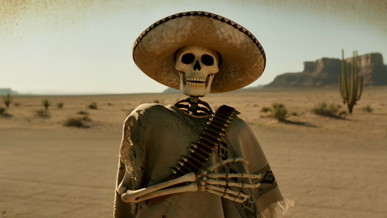 Skeleton in a sombrero in the desert