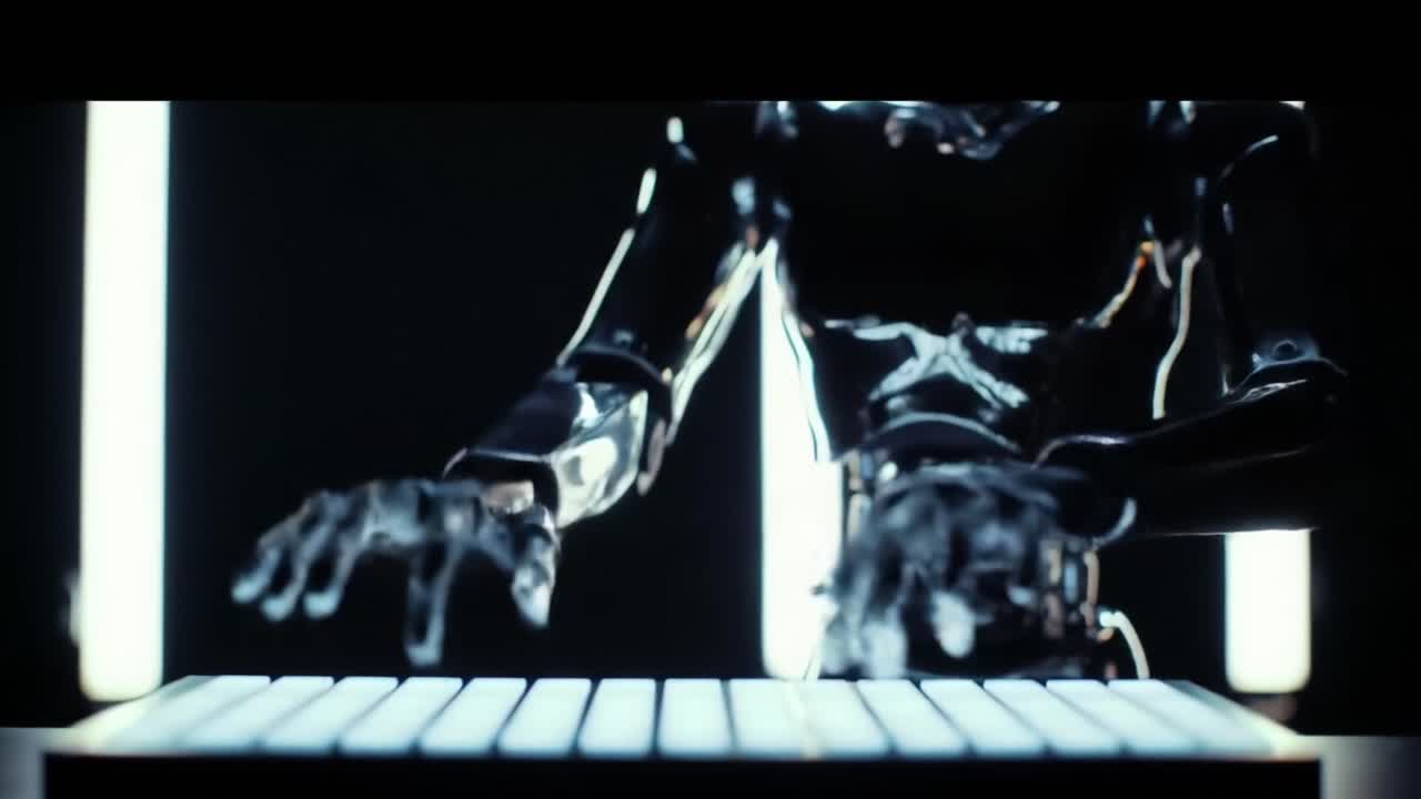 Futuristic Robotic Hands Skillfully Interact with a Digital Interface in a Darkened Environment, Highlighting Advanced Technology and Human-Robot Cooperation