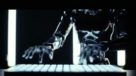 futuristic robotic hands skillfully interact with a digital interface in a darkened environment, highlighting advanced technology and human-robot cooperation