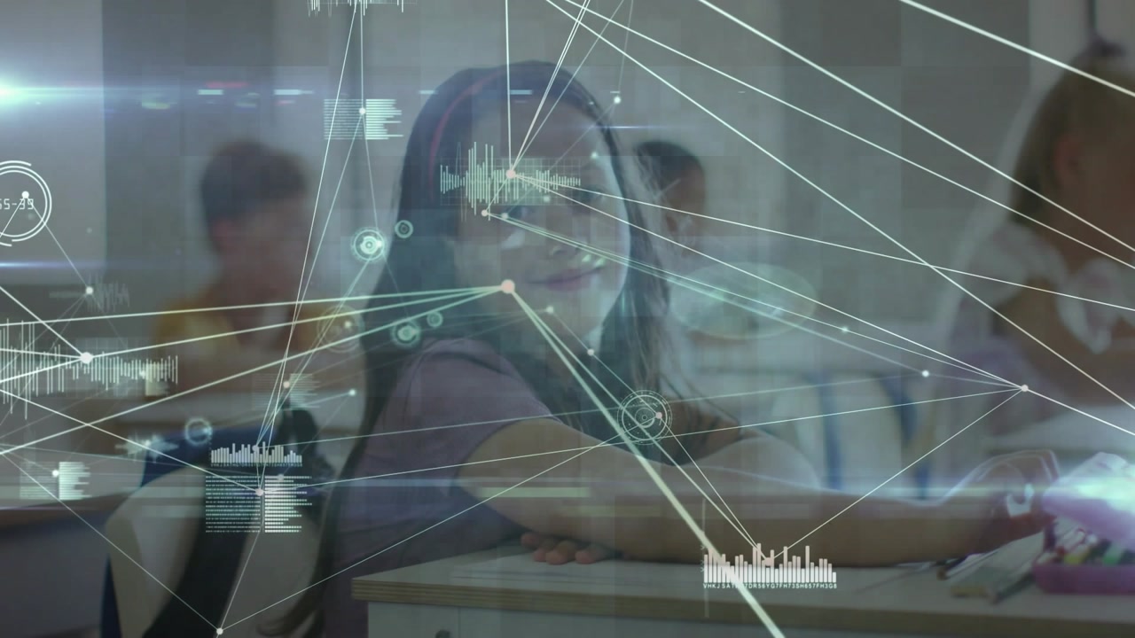Girl turning toward front, reacting to network HUD while engaging with lesson, overlaying face