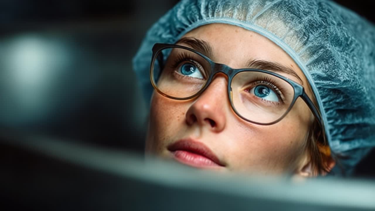 A Thoughtful Moment: A Close-Up of a Young Person with Glasses and a Hairnet, Capturing Introspection and Curiosity in a Unique Setting