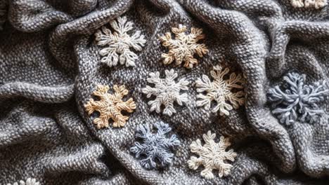 grey knitted blanket with snowflake decorations