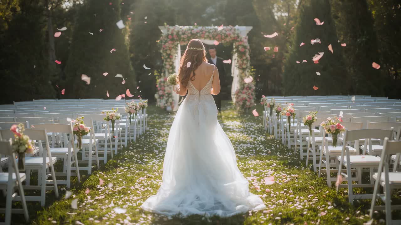 Stepping bride in gown walking down garden aisle toward suited groom at floral arch, with bouquet