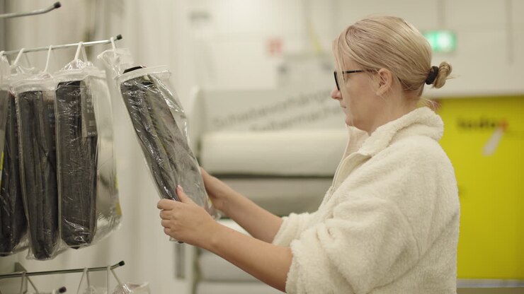 Donna che sceglie campioni di moquette e tappeti in un negozio di bricolage mentre cerca idee per l'arredamento d'interni