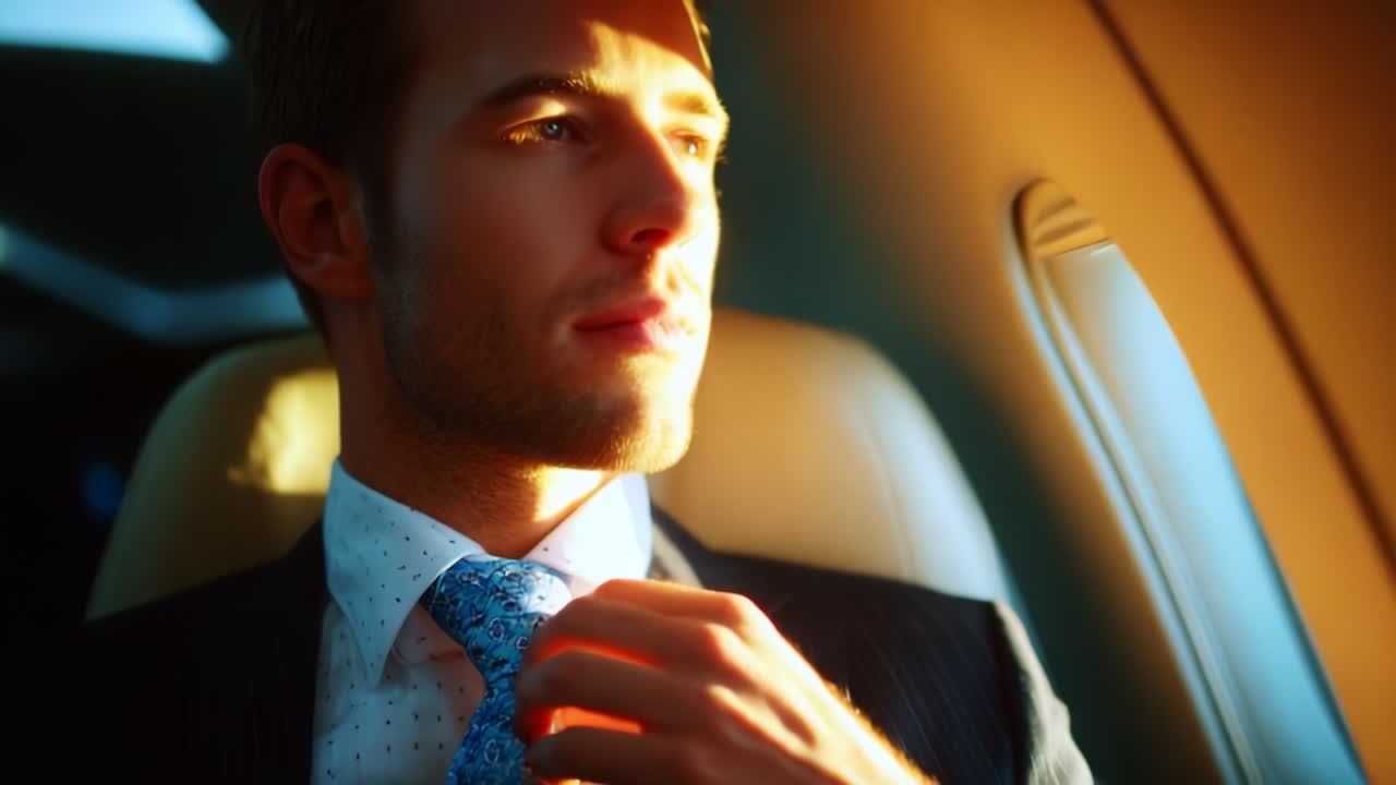 Focused Reflection: A Man in a Plane Observes the World Outside as Sunlight Illuminates His Features While He Adjusts His Tie, Combining Elegance with a Sense of Adventure in a Private Jet Setting