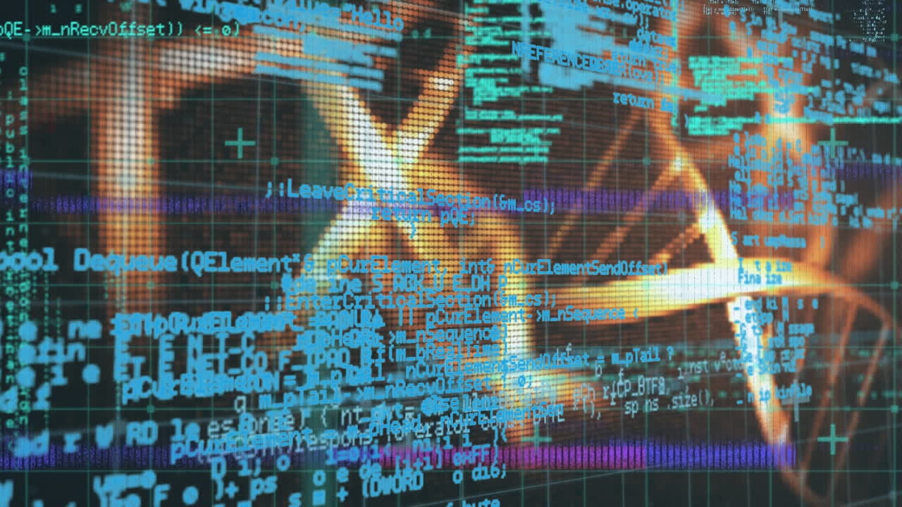 animación del procesamiento de datos sobre cadenas de adn girando