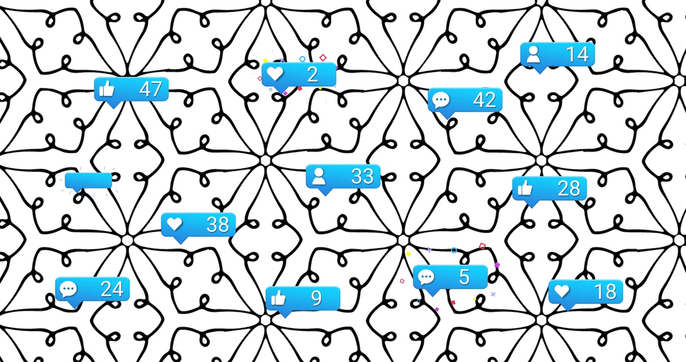 Animation of social media reactions over white background with decoration