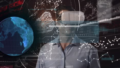 animación de la red de conexiones y el globo sobre el hombre que usa auriculares vr