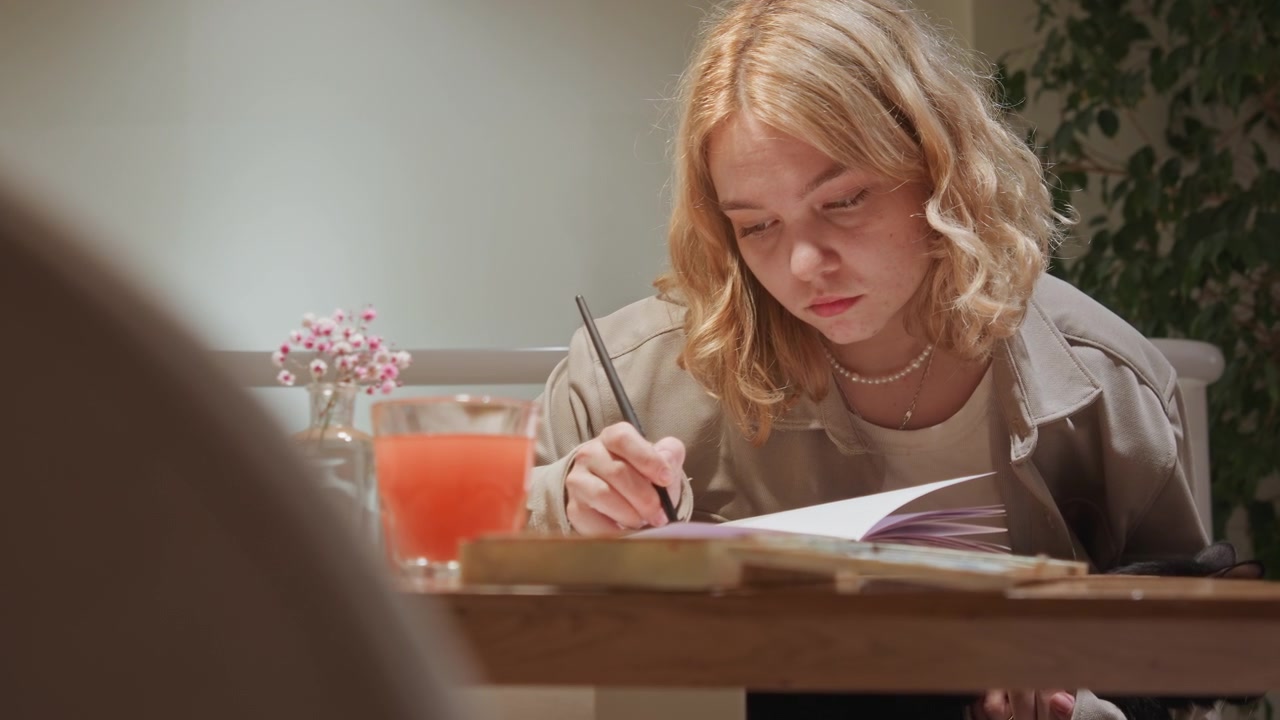 Close up of young woman focused on drawing in art notebook with soft lighting. Woman holds pencil over open book wearing light jacket and pearl necklace glass drink visible nearby. Indoor