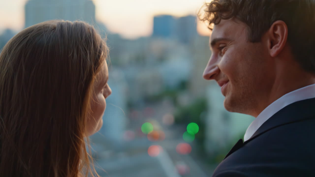 Closeup romantic spouses dating at rooftop gazing at each other with love