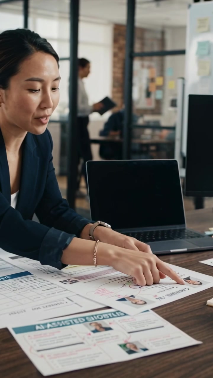 Video verticale: Inclinata dopo una domanda, donna in blazer blu navy che seleziona curriculum alla scrivania per l'assunzione