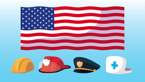 feliz celebración del día del trabajo con bandera de estados unidos y sombreros de trabajadores