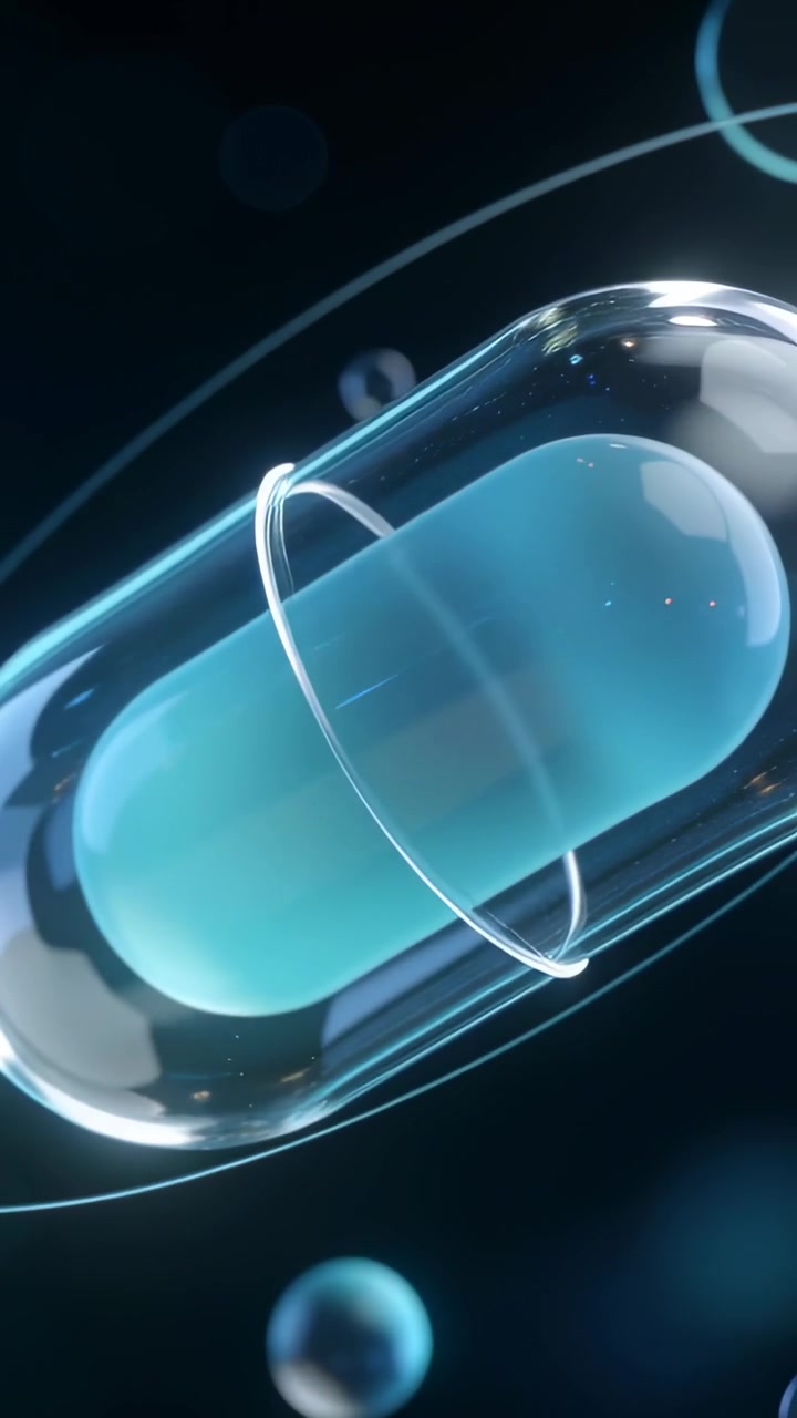Video verticale: Zoom della telecamera, capsula di vetro rotante che mostra un nucleo blu e un anello nello spazio profondo.