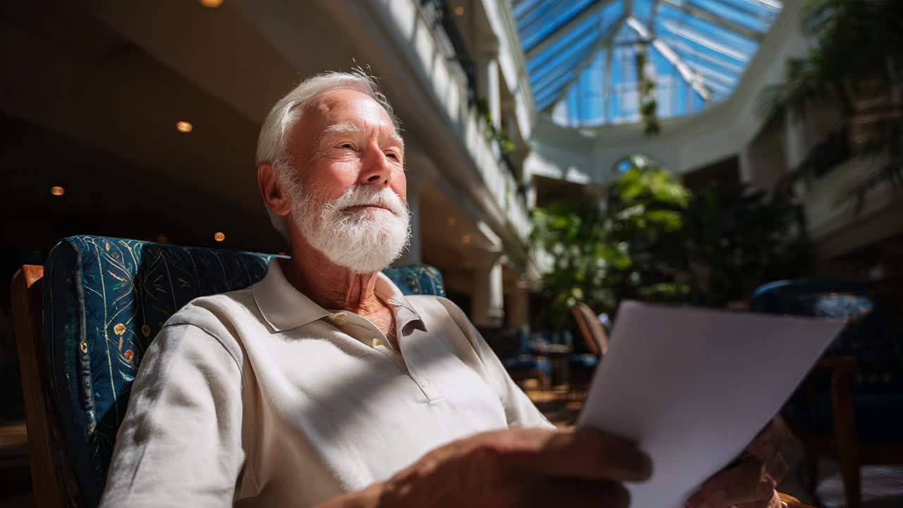 A Senior Man Enjoys a Moment of Reflection in a Bright, Sunlit Area, Holding a Piece of Paper While Seated Comfortably, Exuding a Sense of Tranquility and Contentment in His Expression