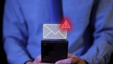 Animation of phishing email message received in inbox smartphone hacked business man working in office