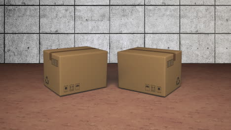 animation of two cardboard boxes falling on brown floor with grey tiles in background