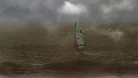 male windsurfer skimming through stormy ocean, with animated charts and marketing icons