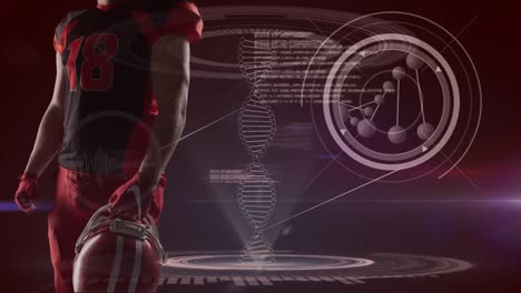 animation of midsection of american football player over diverse data in background