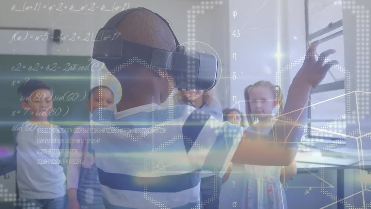 vr 헤드 ⁇ 을 착용한 아프리카계 미국인 학교생에 대한 수학 수식의 애니메이션