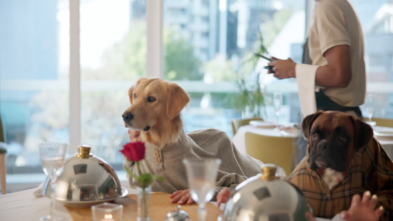 Dog dining at restaurant with waiter service