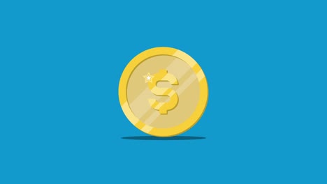 golden coin with symbol of us currency dollar rolling on a blue background. seamless loop financial or business animation. endless background with golden coin