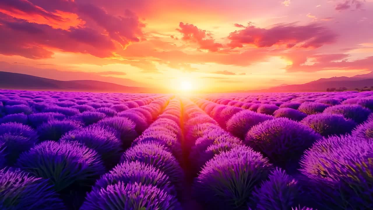 A field of lavender with a sunset in the background