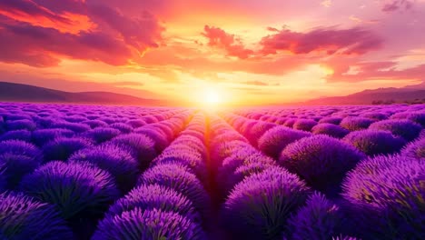 a field of lavender with a sunset in the background