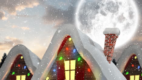 animation of snow falling over houses covered in snow decorated with christmas fairy lights and moon