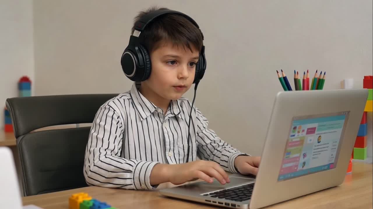 Young Boy with Headphones Studying Online on Laptop at Home