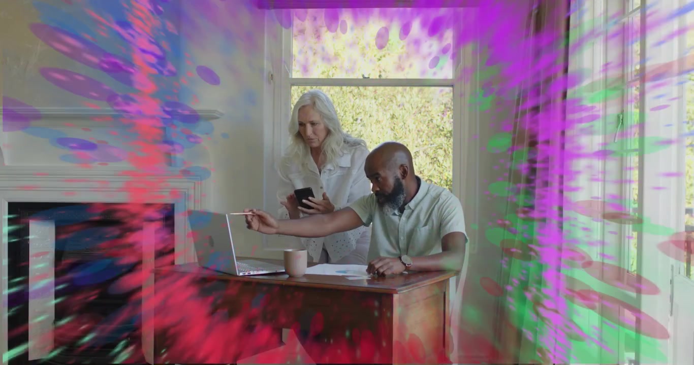 Woman gesturing document initiating digital swirl, coordinating devices for business collaboration