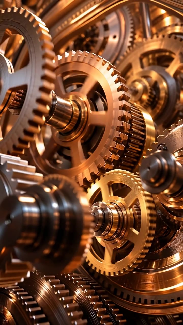 Camera glides through a compact arrangement of meshing metal gears and machined shafts, with golden reflections, dark steel accents, shallow focus, and layered industrial geometry.