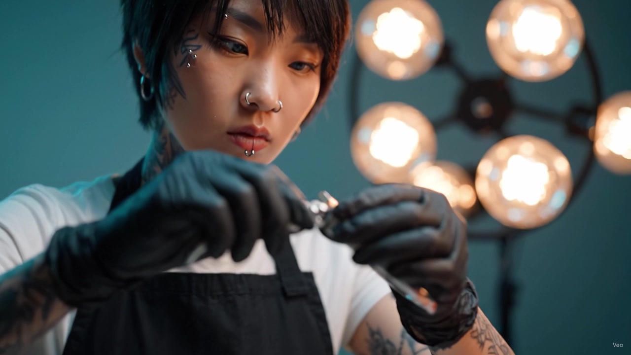 Un tatuatore meticoloso che prepara con cura gli strumenti, mettendo in risalto le sue abilità artistiche in uno studio ben illuminato, impegnato nel processo del tatuaggio con precisione e concentrazione