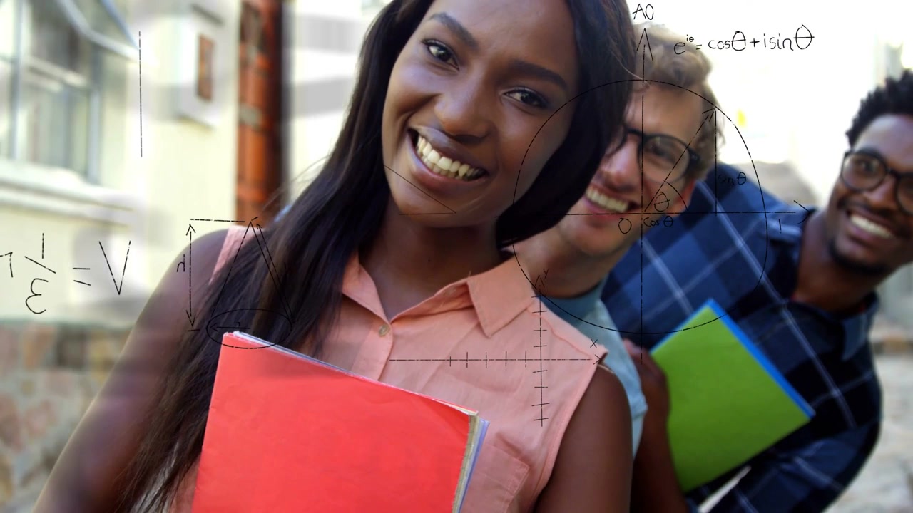 Studenti che camminano su un percorso, una donna che passa a sinistra provoca uno spostamento, diagrammi educativi che animano un raccoglitore rosso.