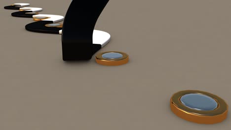 3d animation of abstract graphics. a long object falling from above, around a round object.