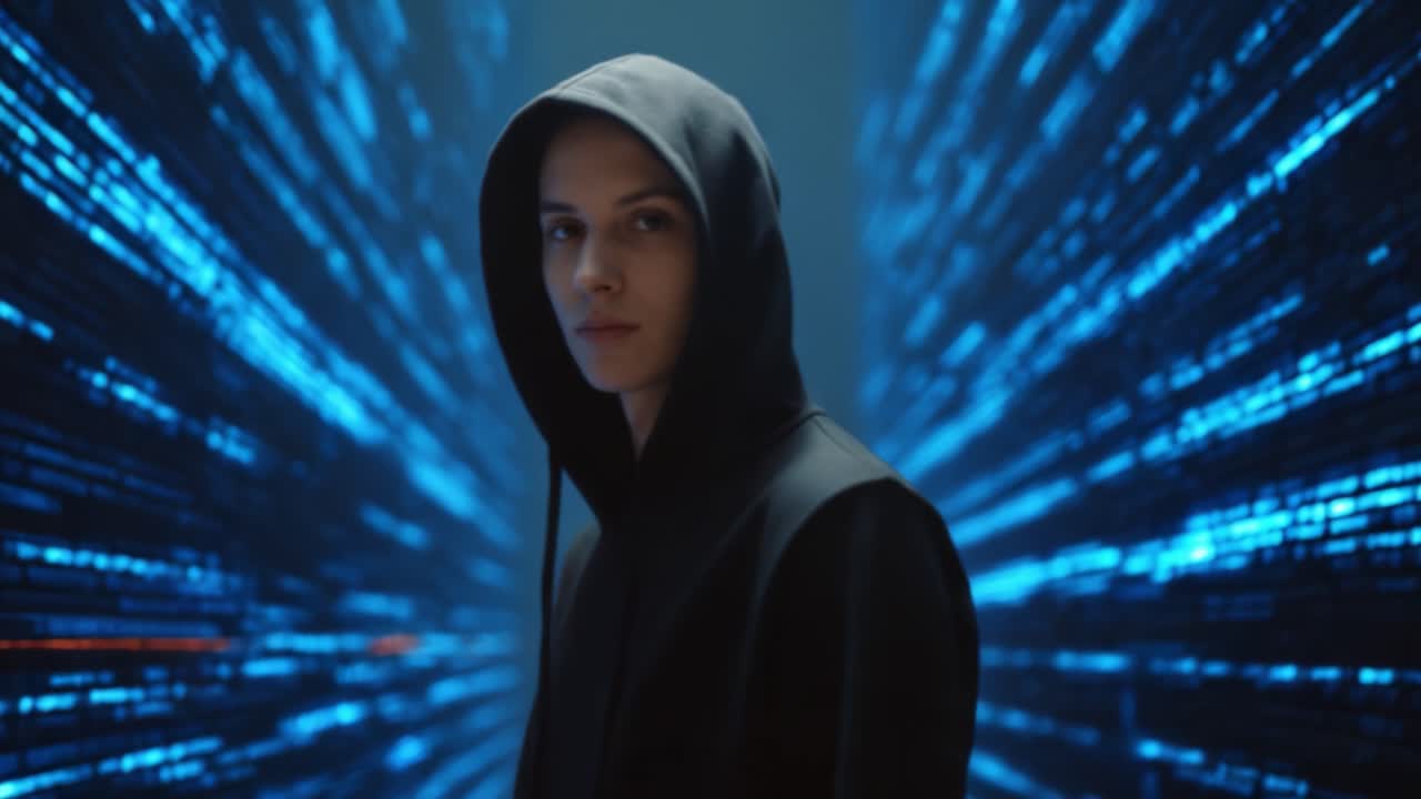 En Mystisk Skikkelse i et Futuristisk Digitalt Landskab: En Hætteklædt Karakter Står Midt i Glødende Blå Datastrømme, der Symboliserer Teknologi og Cyberverdens Forbindelser