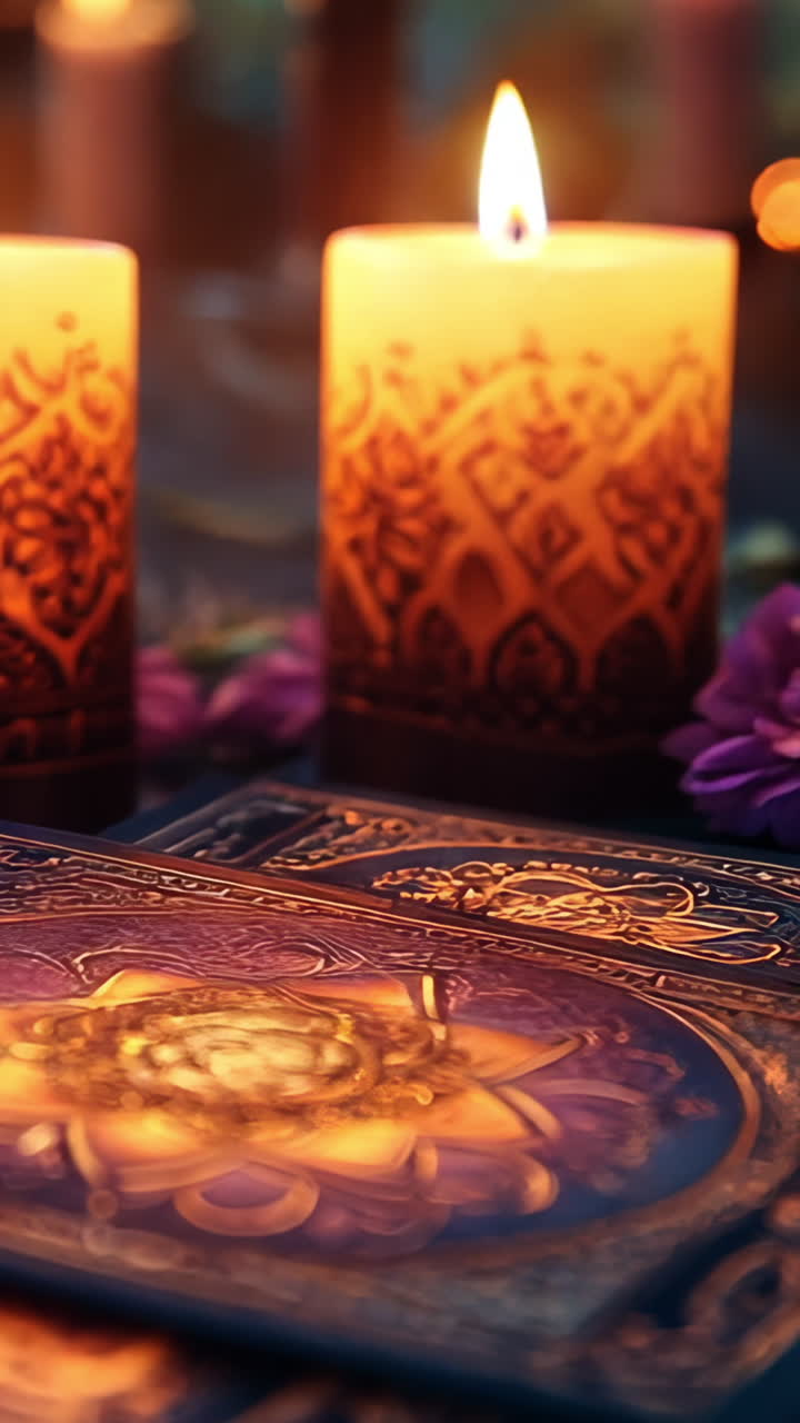 Three candles are lit on a table with a deck of tarot cards. The candles are yellow and the cards are blue